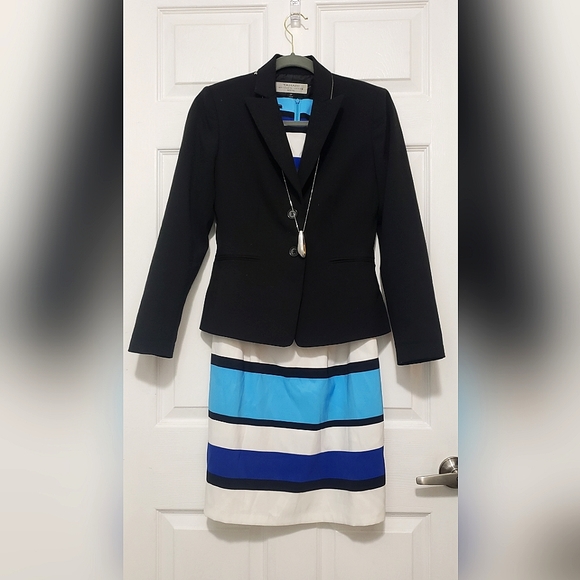 Striped Office Dress Blue Black and White - Picture 2 of 5